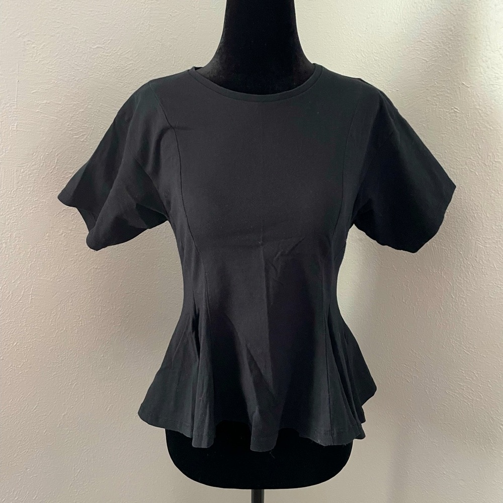 Topshop Black Short-Sleeve Peplum Top, Size Small